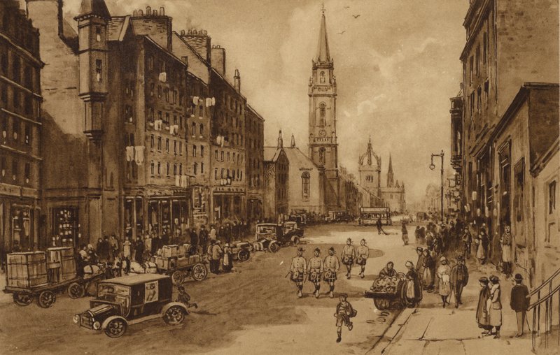 Edinburgh: High Street, kilátással a Tron-templomra és a St Giles-székesegyházra (litho) alkotó: Andrew Allan