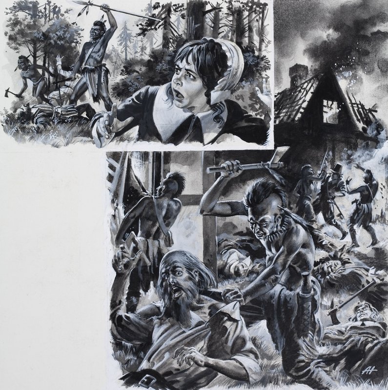 Indián támadások bevándorló telepesek ellen (gouache, papír) alkotó: Andrew Howat