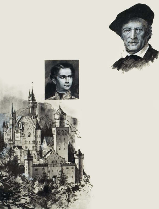 Bajorországi II. Lajos és neuschwansteini kastélya (gouache, papír) alkotó: Andrew Howat