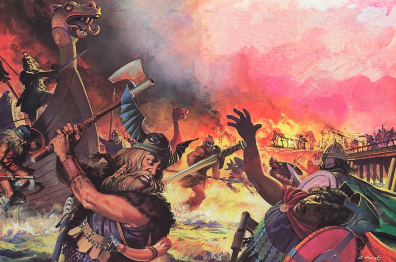 Párizs a vikingek támadása alatt (színes litográfia) alkotó: Andrew Howat