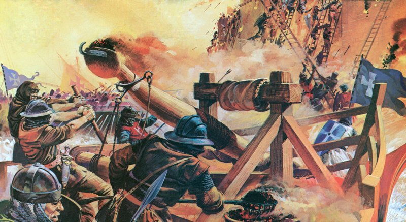 A keresztények ostromolják Konstantinápolyt 1203-ban (színes litográfia) alkotó: Andrew Howat