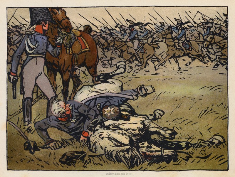 Blucher tábornagy a halott lova alá szorulva a ligny-i csatában (kromolito) alkotó: Angelo Jank