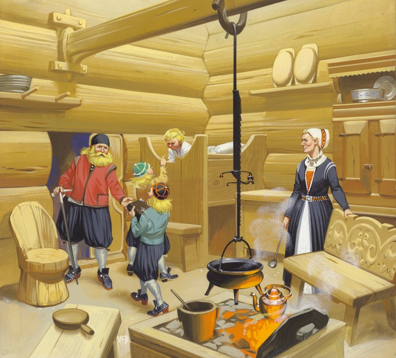 17. századi norvég otthon (gouache, papír) alkotó: Angus McBride