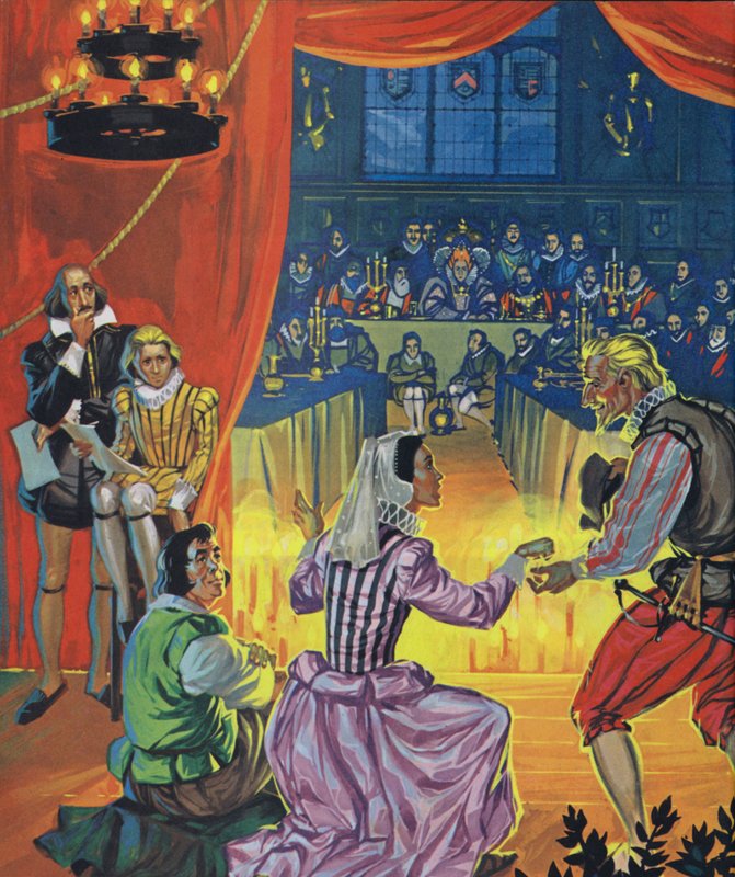 A Tizenkettedik éjszaka előadása I. Erzsébet királynő előtt, Shakespeare a függöny mögött hallgatja (színes lithó) alkotó: Angus McBride