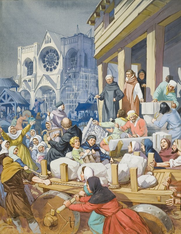 Suger apát (1081-1151 körül) és a Szent Denis apátság épülete (gouache, papír) alkotó: Angus McBride