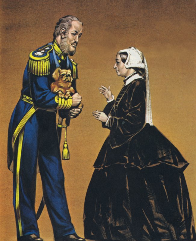 Lord Hay admirális az első Angliába hozott pekingi kutyával (színes litográfia) alkotó: Angus McBride