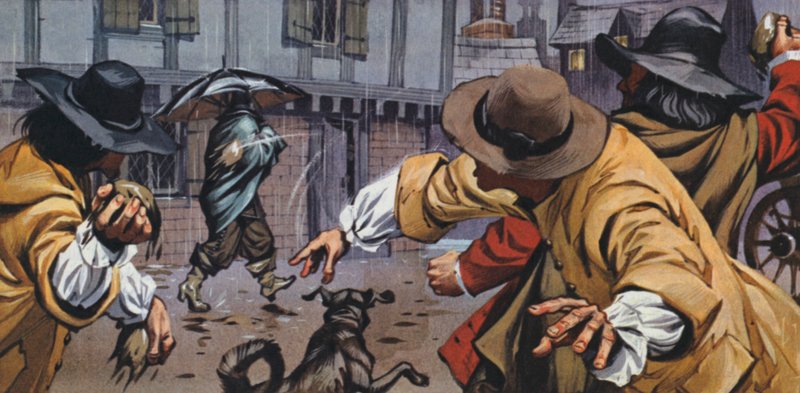 Dühös kocsisok földdel dobálták meg az esernyős embereket (színes litográfia) alkotó: Angus McBride