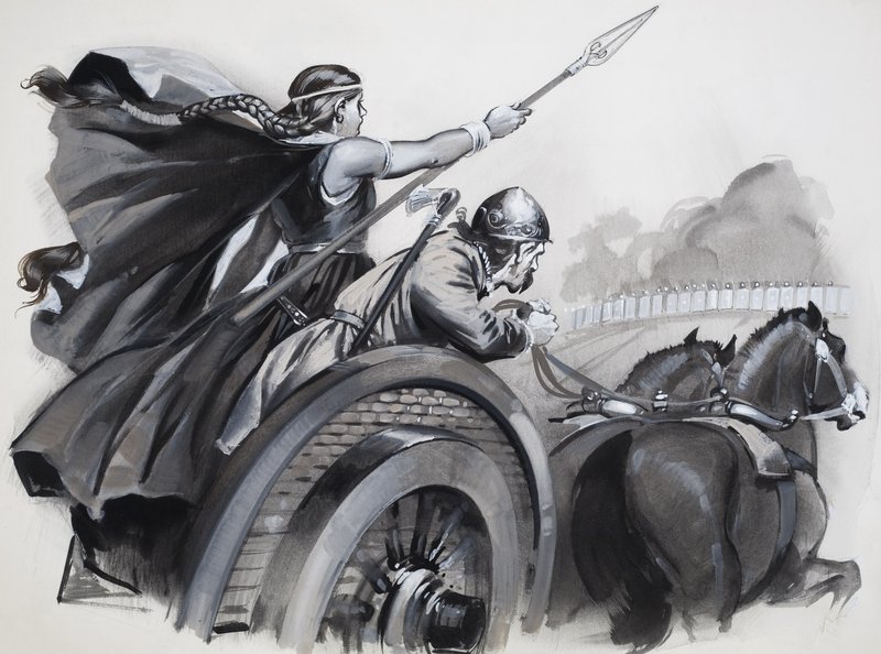 Boadicea felkorbácsolja a britek dühét a római urak ellen (gouache, papír) alkotó: Angus McBride