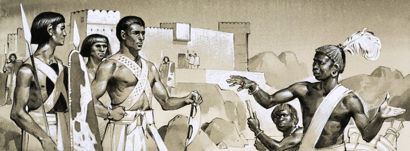 Hyksos, Kamose fáraó speciálisan kiképzett fekete harcosokat oktat a harci taktikára. alkotó: Angus McBride