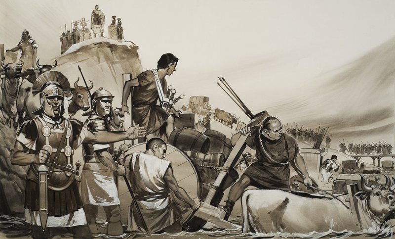 Julius Caesar (i.e. 100-44) átvezette katonáit a Rubicon folyón, és Róma ellen vonult (gouache, papír) alkotó: Angus McBride