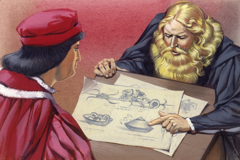Leonardo Da Vinci magyarázza Ludovico Sforzának a lehetséges hadigépeket (gouache, papír) alkotó: Angus McBride