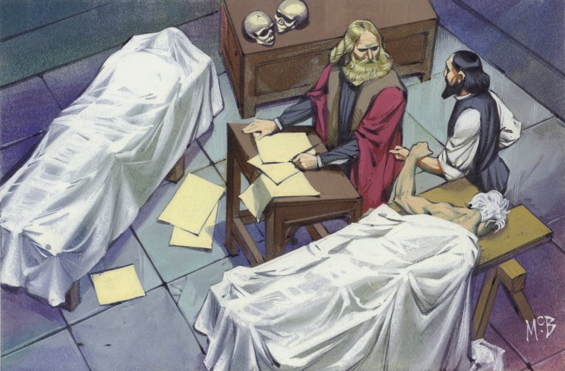 Leonardo Da Vinci az emberi anatómiát vizsgálja, kórházban elhunyt emberek holttestének felhasználásával (gouache, papír). alkotó: Angus McBride
