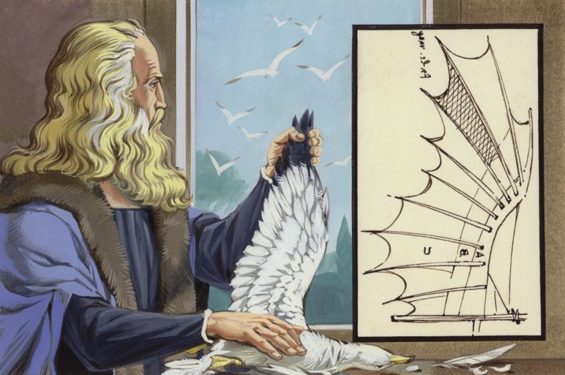 Leonardo Da Vinci madarakat tanulmányoz, hogy felfedezze, hogyan tud repülni az ember (gouache, papír) alkotó: Angus McBride