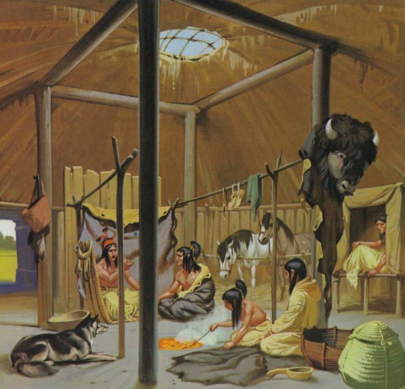 Mandan earth lodge (színes litográfia) alkotó: Angus McBride