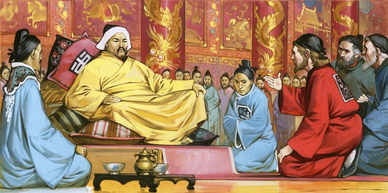 Marco Polo Kublai kán udvarában, 20. század (gouache, papír) alkotó: Angus McBride