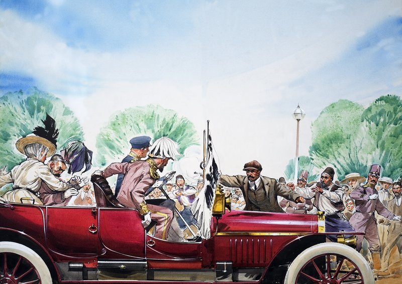 Az első világháború kitörése, illusztráció a "Nagy események a világtörténelemben" című kötetből (gouache, papír) alkotó: Angus McBride