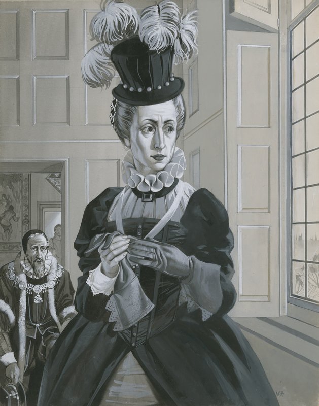 I. Erzsébet királynő a skót Mária királynő kivégzésének hírét hallva (gouache, papír) alkotó: Angus McBride