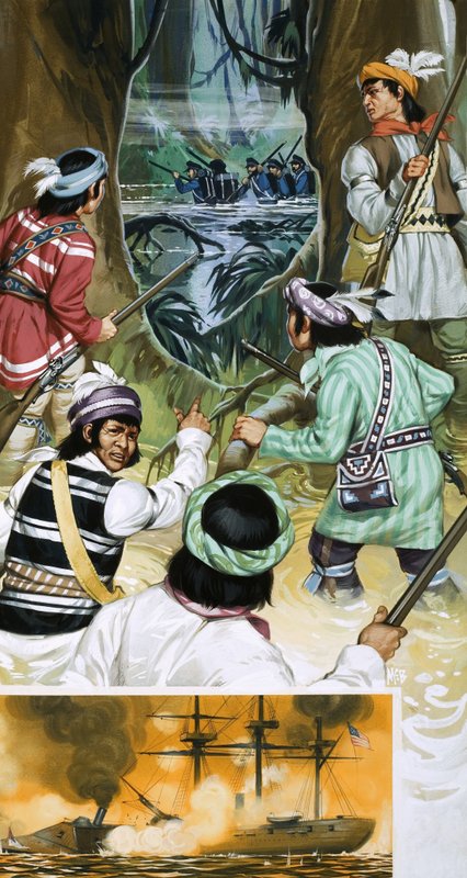 Seminole indiánok harcolnak az amerikai katonákkal a mocsarakban. alkotó: Angus McBride