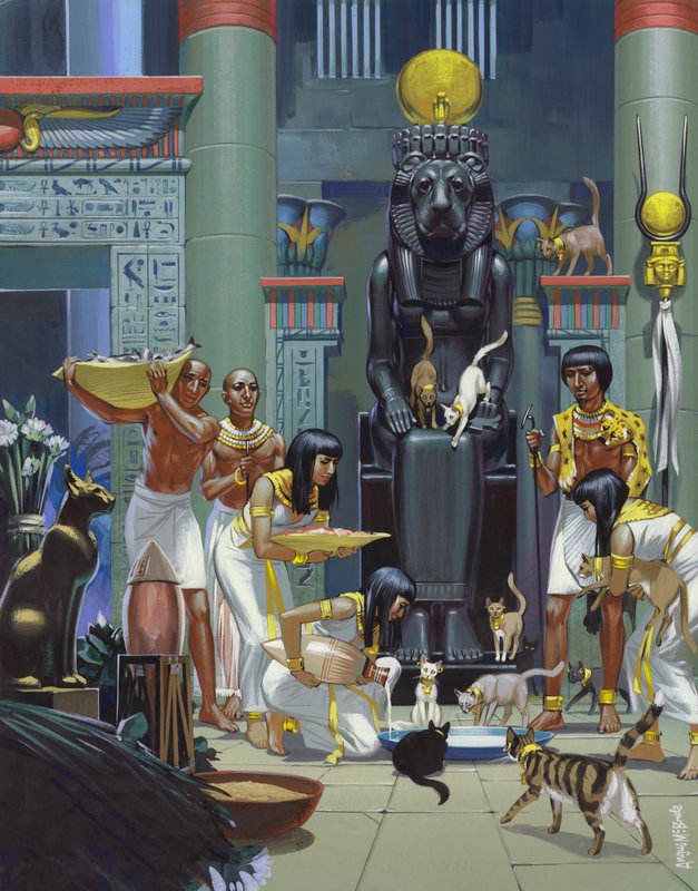 Macskákat etető szolgák egy ókori egyiptomi templomban (gouache, papír) alkotó: Angus McBride