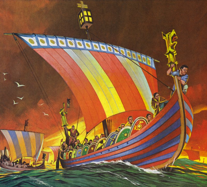A normannok átkelnek a Csatornán Hastings felé (színes litográfia) alkotó: Angus McBride