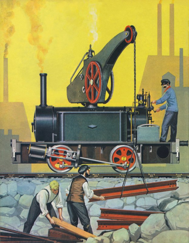 Az 1868-ban Glasgow-ban épített daru motor, amely az egyik első volt a maga nemében (színes litográfia). alkotó: Angus McBride