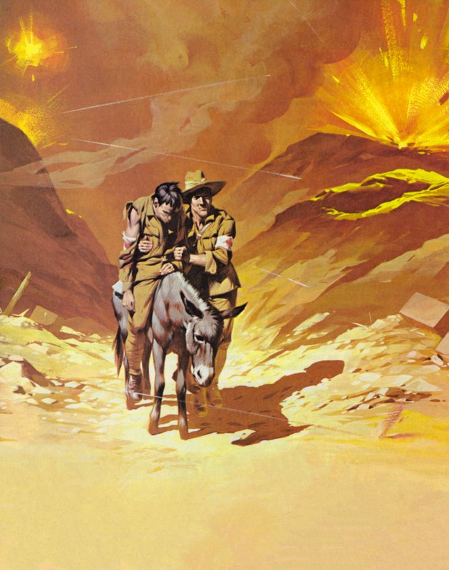 Az ember a szamárral, John Simpson (színes litográfia) alkotó: Angus McBride