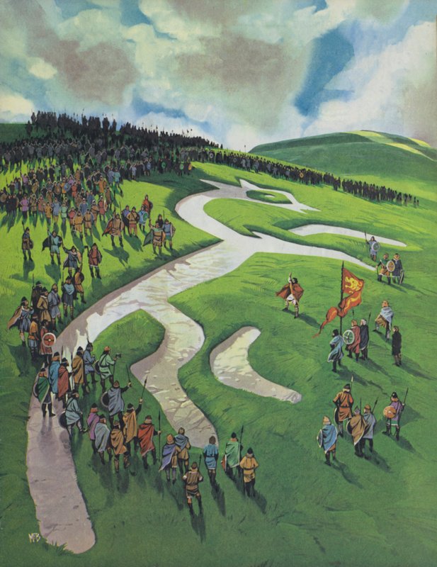 Uffington White Horse, amelyet Nagy Alfréd építtetett a dánok elleni ashdowni csata után (színes litográfia) alkotó: Angus McBride