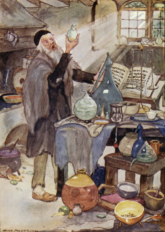 Alkimista, jelenet Hans Christian Andersen A szél meséje című meséjéből (színes litó) alkotó: Anne (after) Anderson