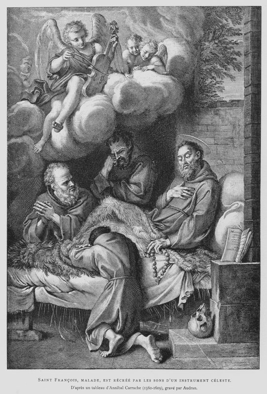 A betegségben szenvedő Assisi Szent Ferencet egy mennyei hangszer (litho) hangja gyógyítja meg alkotó: Annibale (after) Carracci