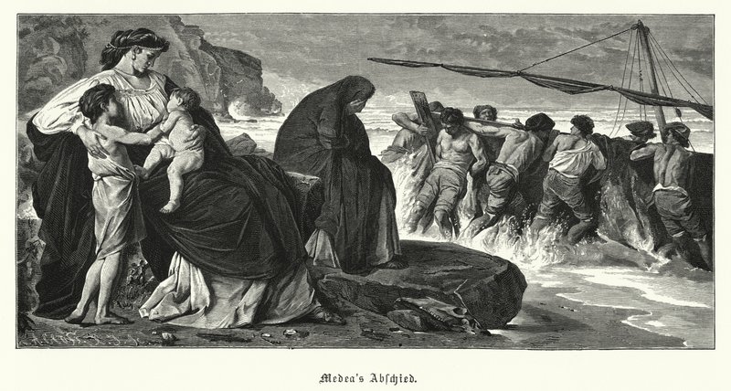 Médeia búcsúja: jelenet Euripidész Médea ókori görög tragédiájából, Médeia és Jason legendája alapján (metszet) alkotó: Anselm Feuerbach