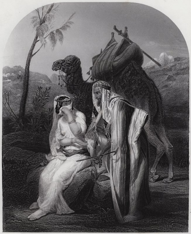 Rebeka átveszi Izsák ajándékait (metszet) alkotó: Antoine Charles Horace Vernet