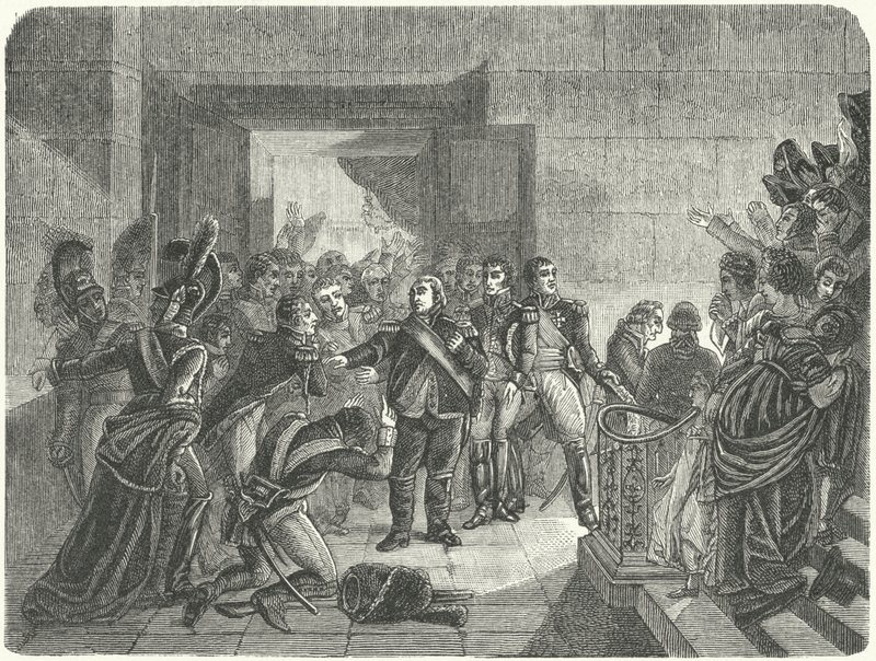 XVIII. Lajos elhagyja a Tuileries-palotát, miután tudomást szerzett Napóleon visszatéréséről Franciaországba Elbáról alkotó: Antoine Jean (after) Gros
