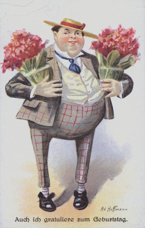 Születésnapi üdvözlőlap, amely egy férfit ábrázol, aki virágcsokrot cipel (chromolitho) alkotó: Anton Hoffmann