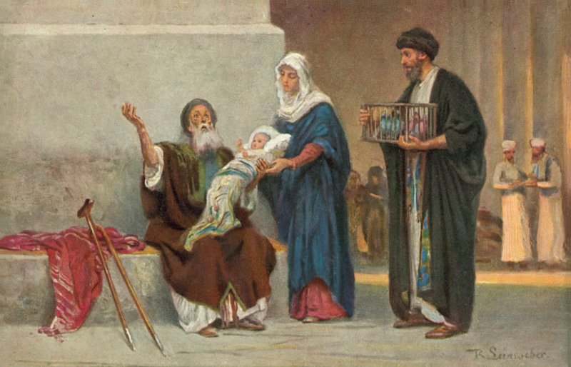Mária és József bemutatja a kis Jézust Simeonnak (színes litográfia) alkotó: Anton Robert Leinweber