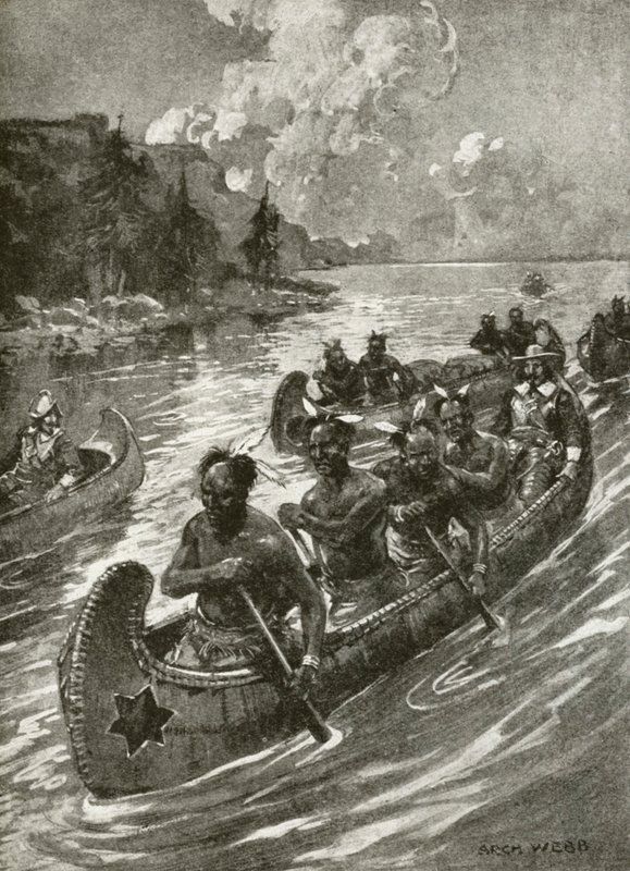 Samuel De Champlain 1608-ban a Szent Lőrinc folyón felfelé a barátságos amerikai indiánok kenuin (litho) alkotó: Archibald Bertram (after) Webb