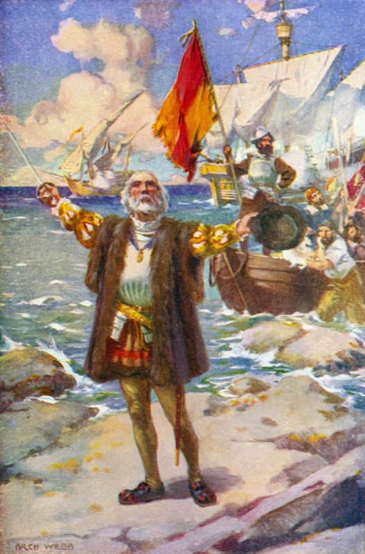 Kolumbusz partraszállása (színes litó) alkotó: Archibald Bertram (after) Webb