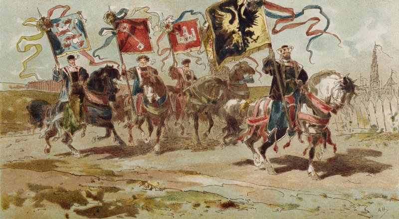 Lovasok a Hanza-szövetség és néhány tagváros zászlaját viselik, Spanyol-Hollandia, 16. század alkotó: Armand Jean Heins