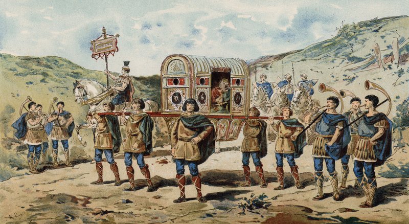 Hordágy kísérettel, buccina játékosok kíséretében. Nagy Károly kora, 9. század. alkotó: Armand Jean Heins