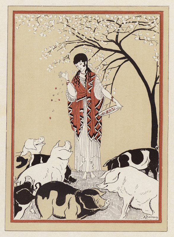 Körben eteti Odüsszeusz társait, miután disznóvá változtatta őket (színes litho) alkotó: Armand Joseph Bonamy