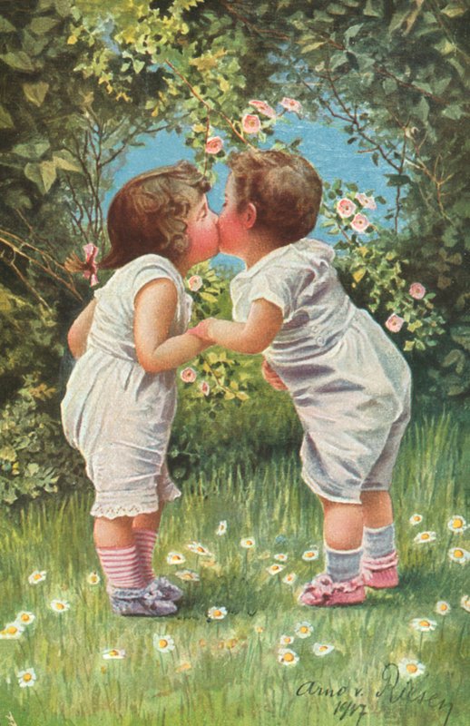 Kisfiú és kislány csókolóznak a kertben (színes litográfia) alkotó: Arno von Riesen Riesen