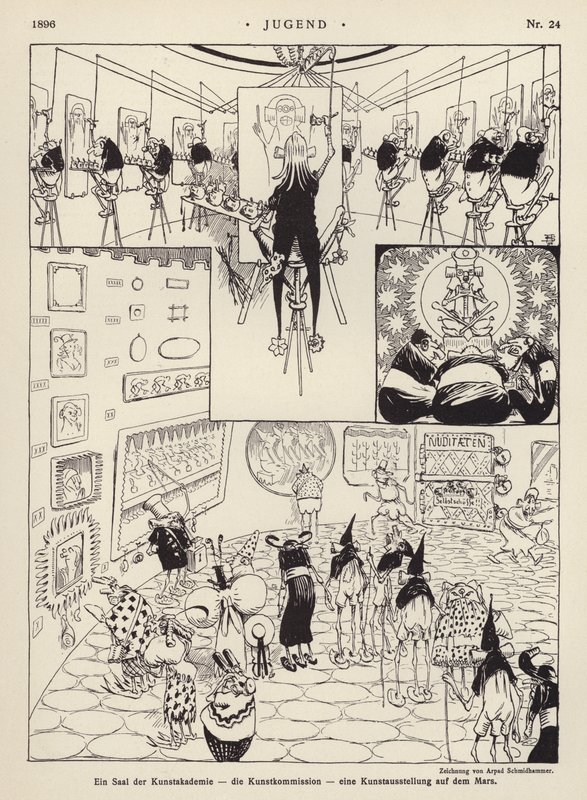 A Művészeti Akadémia terme; a Művészeti Bizottság; művészeti kiállítás a Marson (litho) alkotó: Arpad Schmidhammer