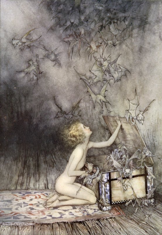 Pandora szelencéjének felnyitása, jelenet az Egy csodakönyvből, Nathaniel Hawthorne (színes litó) alkotó: Arthur (after) Rackham