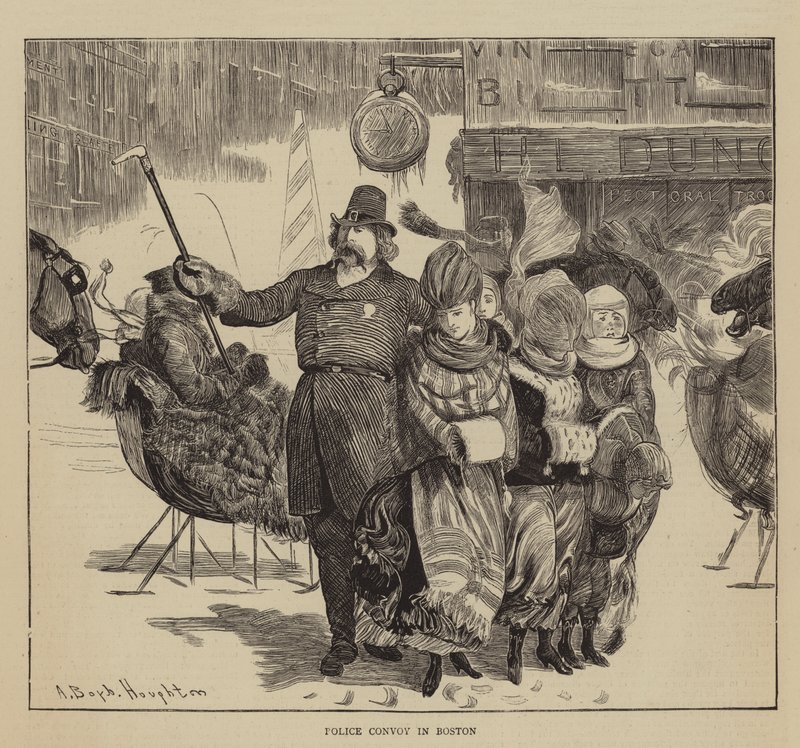 Grafikus Amerika, a Shakerek, rendőrségi konvoj Bostonban alkotó: Arthur Boyd Houghton