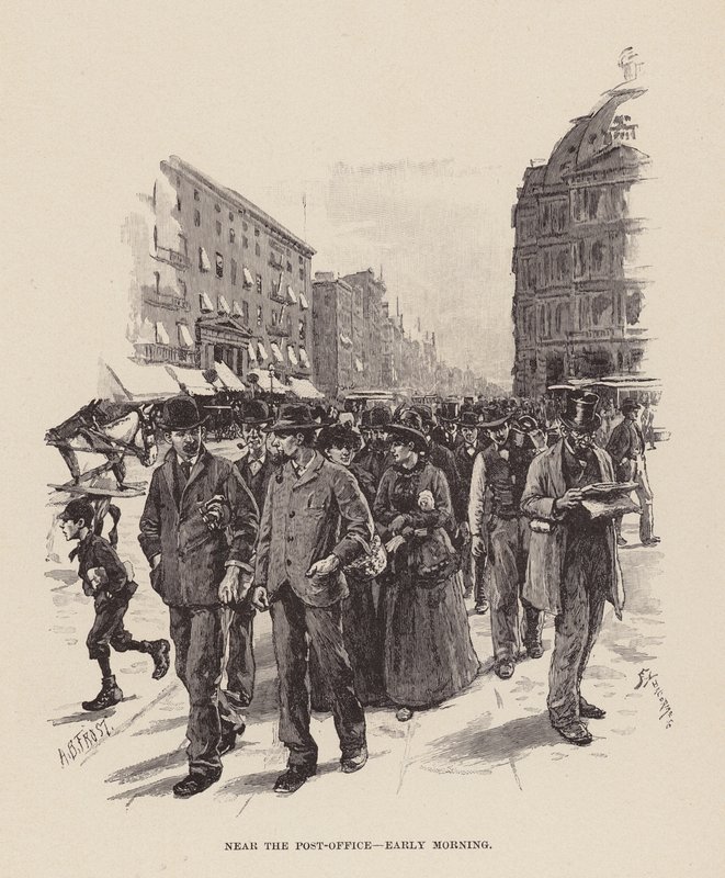 A posta közelében, kora reggel (metszet) alkotó: Arthur Burdett Frost