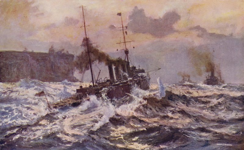 Az ausztrál haditengerészet hadihajói elhagyják Sydney kikötőjét (színes litho) alkotó: Arthur C. Burgess