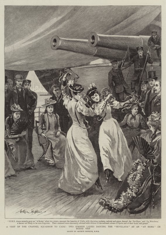 A Channel Squadron látogatása Cadizban, két spanyol hölgy Sevillanát táncol egy otthon a hajó fedélzetén alkotó: Arthur Hopkins