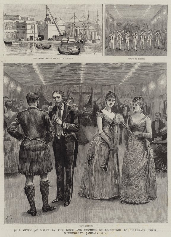 Edinburgh hercege és hercegnéje Máltán tartott bált az esküvő napjának megünneplésére, január 25. alkotó: Arthur Hopkins