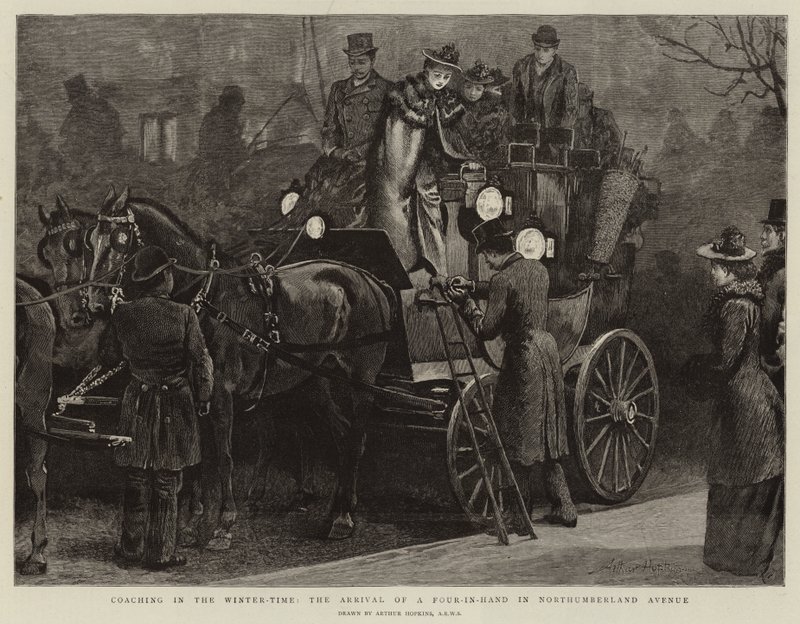 Coaching a téli időszakban, egy négyesfogat érkezése a Northumberland Avenue-ra alkotó: Arthur Hopkins