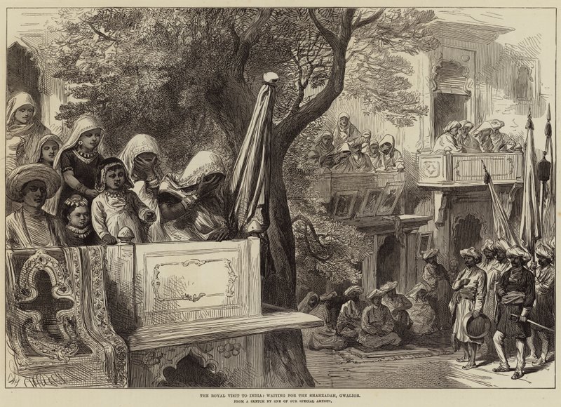 A királyi látogatás Indiában, várakozás a Shahzadahra, Gwalior alkotó: Arthur Hopkins