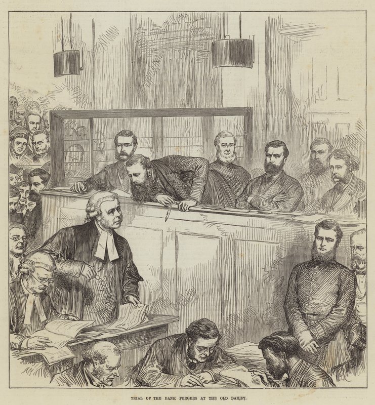 A bankhamisítók tárgyalása az Old Bailey-ben alkotó: Arthur Hopkins